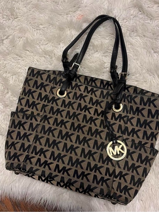 Michael Kors Handbags - Michael Kors Brown and Black MK Logo Tote with Gold Charm